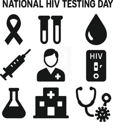 Black silhouette icon set for National HIV Testing Day. Solid black vector pictograms featuring HIV awareness ribbon, test tubes, blood drop, medical syringe, healthcare worker, rapid test kit, labora