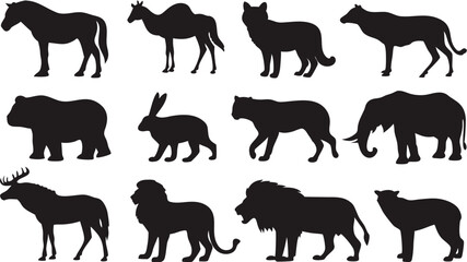 Silhouette collection featuring diverse animal species like horse, camel, rabbit, elephant, lion, and bear