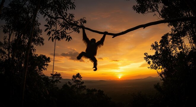 Orangutan silhouette hanging from a tree branch at sunset, overlooking a vast landscape.