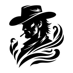 "Cowboy Silhouette Pictogram Icon Vector Depicting a Western Hero with Hat, Lasso, and Boots in a Classic Minimal Black Design"