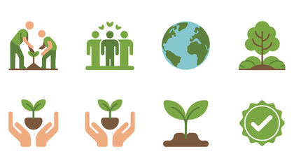 Green eco icons set featuring leaf, tree, recycle, and energy symbols for a sustainable world design