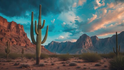 Captivating desert scenery with towering cacti, rugged mountain ranges under a vibrant sky with clouds, showcasing the beauty and tranquility of a wilderness environment with empty space for text
