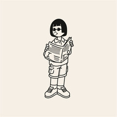 Stylish Girl Reading Newspaper Line Art Illustration
