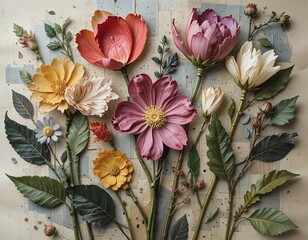 Cut-out flower parts (petals, stems, leaves) arranged into an abstract collage on paper