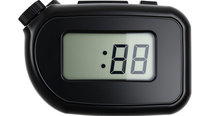 Electronic black plastic stopwatch with five seconds on the screen isolated. Transparent PNG image.