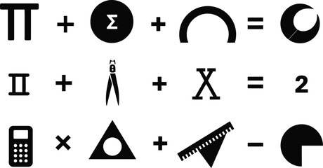 Black silhouette icon set for Tau Day. Solid black vector pictograms featuring the Greek letter tau symbol, math equation symbols, 