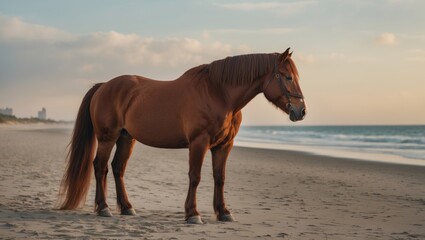 A brown horse standing on a beachside with ocean and sky in the background