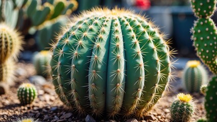 Obraz premium Cactus Ball Echinocactus Grusonii in the garden with succulent Golden Barrel Cactus close-up and empty space for text.