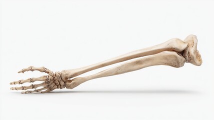 Realistic 3D medical visualization of human forearm bones &mdash; ulna and radius isolated on white background, showcasing anatomical accuracy and skeletal structure for educational and clinical use
