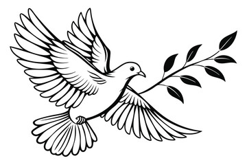 Dove flies forward carrying an olive branch in its beak, showing peace and hope