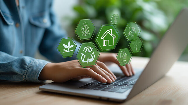 Green Tech Interface: A person wearing denim uses a laptop with icons such as a plant light bulb, a recycling symbol, and a leafy house, emphasizing eco-friendly initiatives.