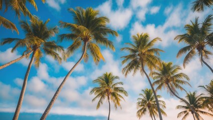 Palm Trees Against Blue Sky, Palm Trees At Tropical Coast, Summer Tree with tall palm trees under a partly cloudy blue sky.