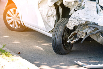 Car with torn rear wheel and bent axle sits roadside after road collision, total damage and mechanical failure from severe traffic accident. Bent axle, ripped rear wheel, massive vehicle destruction