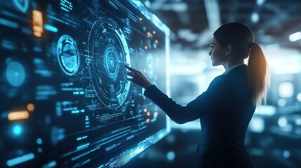 Tech savvy business woman presenting advanced data analysis on futuristic holographic screen in modern corporate office.