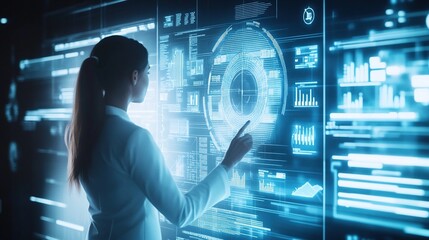 Tech savvy business woman presenting advanced data analysis on futuristic holographic screen in modern corporate office.
