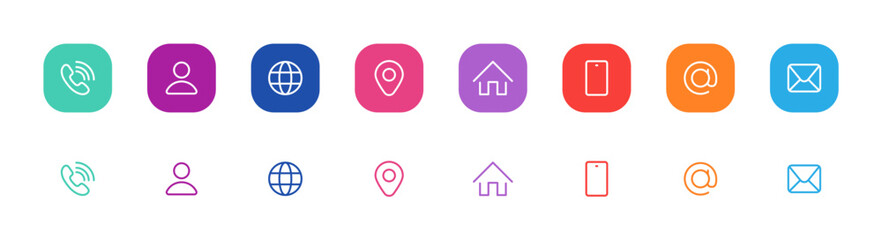 Obraz na płótnie Canvas Business card icon set in line style. Contact information, Home, Phone, Location, Address, Website, mail, fax, user simple black style symbol sign for apps and website, vector illustration.