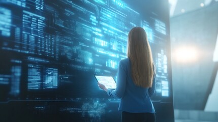 Tech savvy business woman presenting advanced data analysis on futuristic holographic screen in modern corporate office.