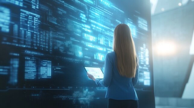 Tech savvy business woman presenting advanced data analysis on futuristic holographic screen in modern corporate office.