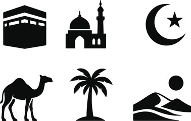 Sirat un Nabi black silhouette icon set on white background. Vector pictograms depicting Prophet Muhammad’s life journey,