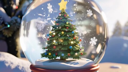 animated xmas tree - A festive snow globe featuring a decorated Christmas tree, surrounded by a winter landscape with falling snowflakes and a star on top - Powered by Adobe