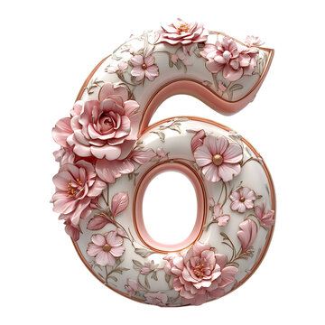 Number six ornate floral design pink rose flowers elegant decor