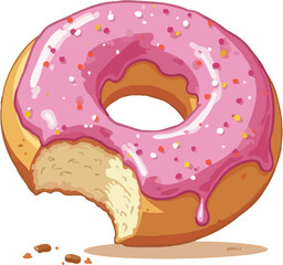 Cartoon Donut with Pink Frosting and Sprinkles Missing a Bite