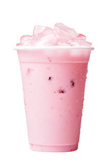 Refreshing Pink Drink with Ice in Plastic Cup Isolated on White