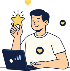 Positive Feedback Vector Illustration. Man holding a star with laptop.