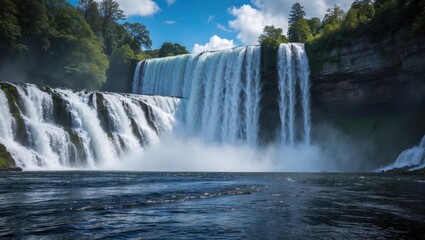 Fototapeta premium Amazing waterfall seen from the river with lush greenery and blue sky, showcasing the natural beauty of flowing water and scenic landscape.