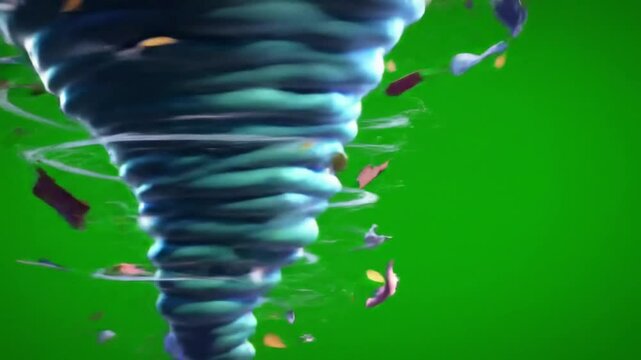 3D cartoon tornado spinning fast with debris flying around, green screen background