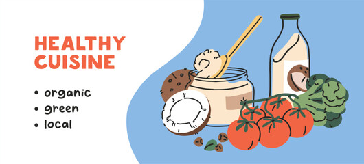 Vegan food banner. Advertising design of local market with grocery products for vegetarians. Promotion template with healthy eating, organic and natural farm vegetables. Flat vector illustration