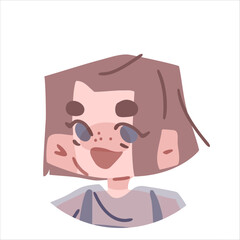 Cartoon Avatar With Happy Girl. Cartoon avatar of a smiling girl with short brown hair and freckles. Flat vector style with soft pink and purple tones, isolated on white background.
