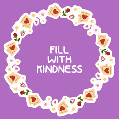 Cute Decorative Wreath With Hearts. Cartoon floral wreath with hearts, roses, candies and letters arranged in a circle. Flat style illustration in pastel tones on solid purple background.