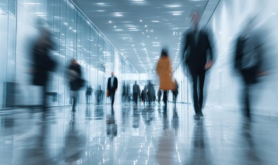Bright business workplace with people in walking in blurred motion in modern office space. High quality