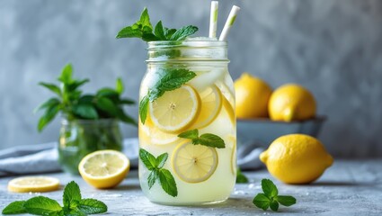 A Refreshing Lemonade With Lemon and Mint in a Jar, with Empty Copy Space for Text