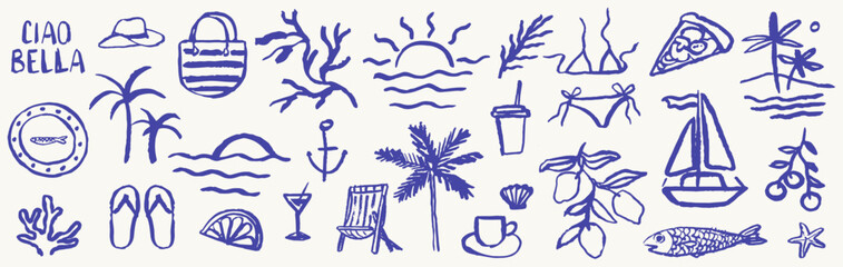 Italian or greek style vacation hand drawn vector icons or emblems in grunge chalk or charcoal rough doodle sketch style. Summer vacation illustrations in ink simple style for poster, placard print.