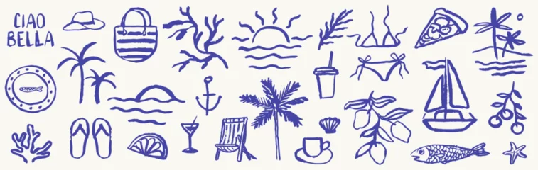 Fotobehang Italian or greek style vacation hand drawn vector icons or emblems in grunge chalk or charcoal rough doodle sketch style. Summer vacation illustrations in ink simple style for poster, placard print. © KPstudio