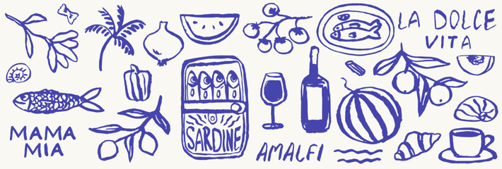 Italian or greek style vacation hand drawn vector illustrations in grunge chalk or charcoal rough doodle sketch style. Summer vacation elements in ink simple style drawings for poster, placard print.