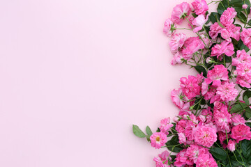 Pink roses on soft pink backdrop with copy space on the left.