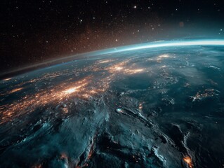 Obraz premium Stunning View of Earth from Space Showcasing Glowing City Lights Across a Curved Horizon Beneath the Starry Cosmos Capturing the Beauty of Civilization and Planetary Perspective