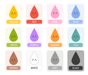 Learning colors flashcards, educational color cards for kids English. Educational material for preschools, kindergarten, toddler flashcards. Poster with colors. Learning homeschooling resources.