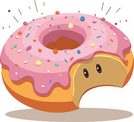 Cartoon Donut with Pink Frosting Sprinkles and a Bite Taken Out