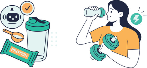 Fototapeta premium Fitness Lifestyle Vector Illustration with Protein and Woman Training