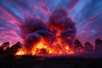 Obraz premium Dramatic sunset and raging fire engulfing a house in a forested area during twilight hours