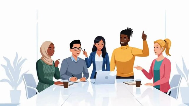 Multicultural office colleagues animated in flat cartoon style. Team brainstorming and communication in modern business meeting. 2D character animation with white background. No sound.