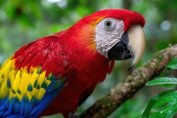 Colorful parrot perched on a branch in a tropical rainforest