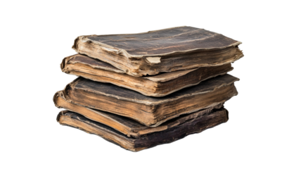 Stack of antique books aged leather bound volumes old text on transparent background.