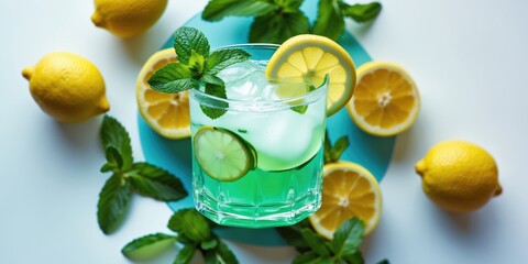 Fototapeta premium A glass of fresh lemonade with lemons and mint, isolated on white background. Top view with space for text.