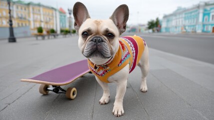 Dog is standing next to a skateboard. The dog is wearing a sweater and has a collar