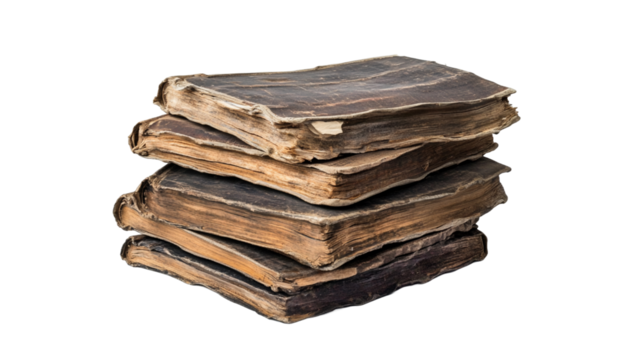 Stack of antique books aged leather bound volumes old text on transparent background.
 - Powered by Adobe
